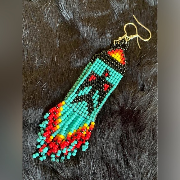 Handmade Thunderbird Seed Bead Fringe Earrings - Picture 1 of 2